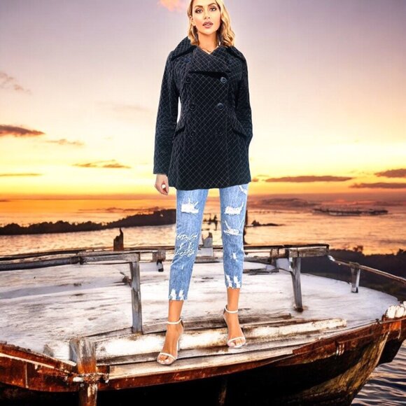 INC International Concepts Double Breasted Black Quilted Velvet Peacoat Sz M - Picture 2 of 5